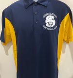 Navy and gold polo shirt with saints band logo on it