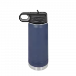 insulated navy water bottle with a black top