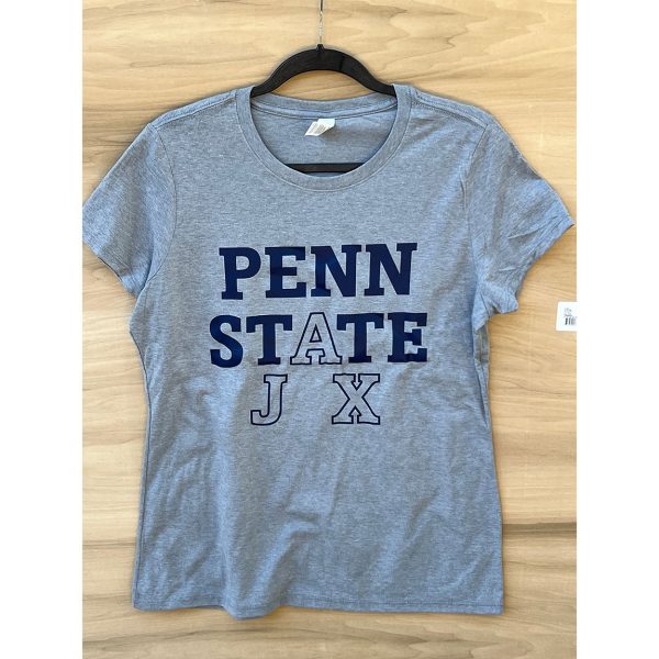 heather grey short sleeve shirt with navy Penn State Jax logo