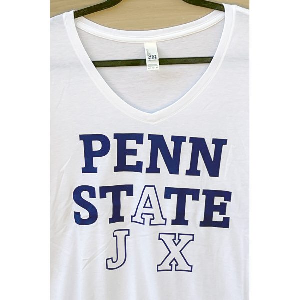 white women's v-neck tshirt with navy penn state jax logo