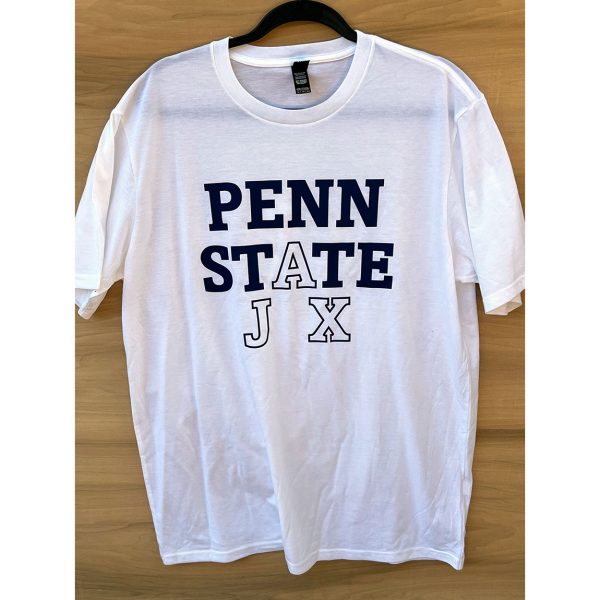 white short sleeve shirt with navy penn state jax logo